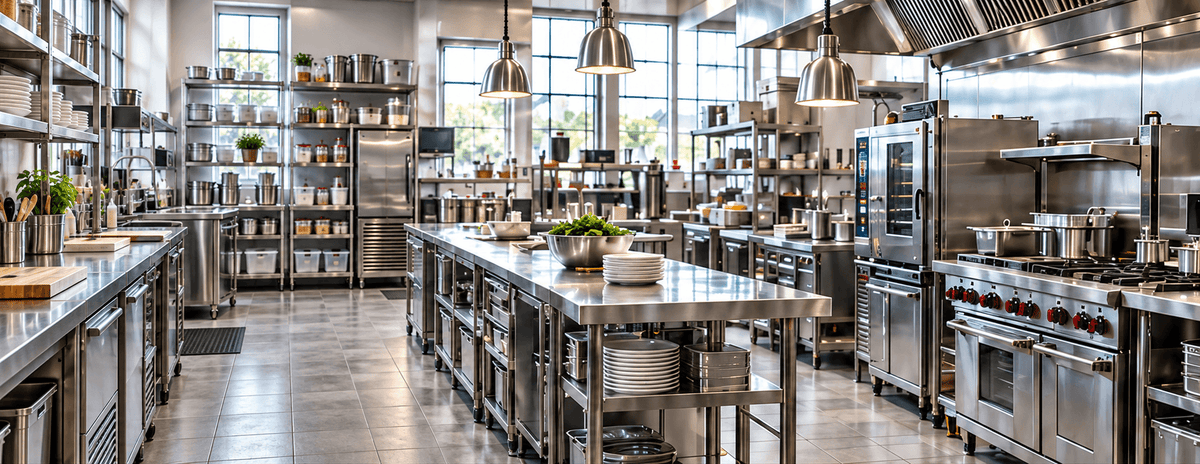 A large, modern commercial kitchen with stainless steel counters, ovens, shelving, pendant lights, and tiled floors, shown in a wide interior view.