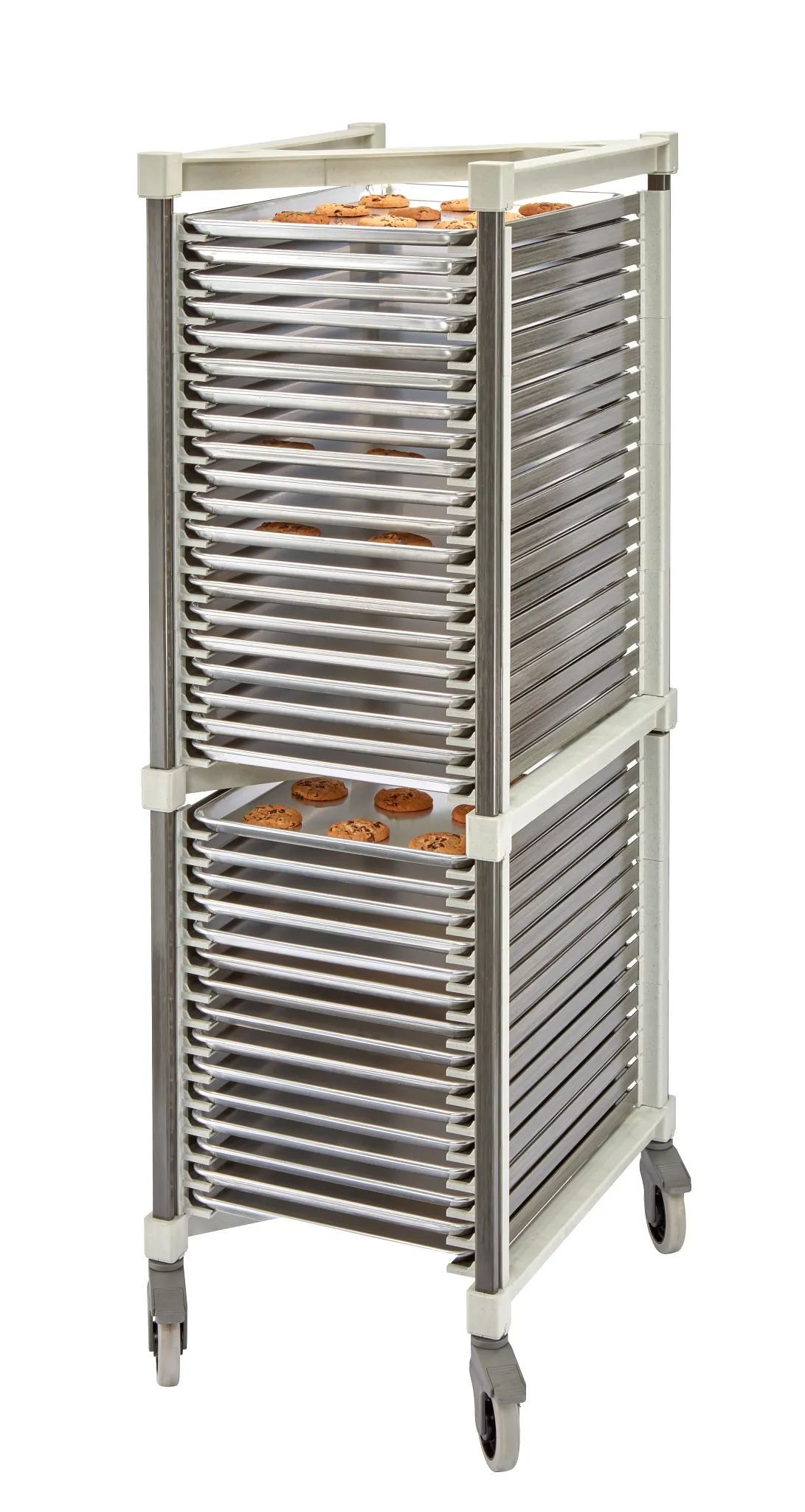 A stainless steel rolling tray rack with multiple stacked metal trays on wheels, shown on a plain white background.