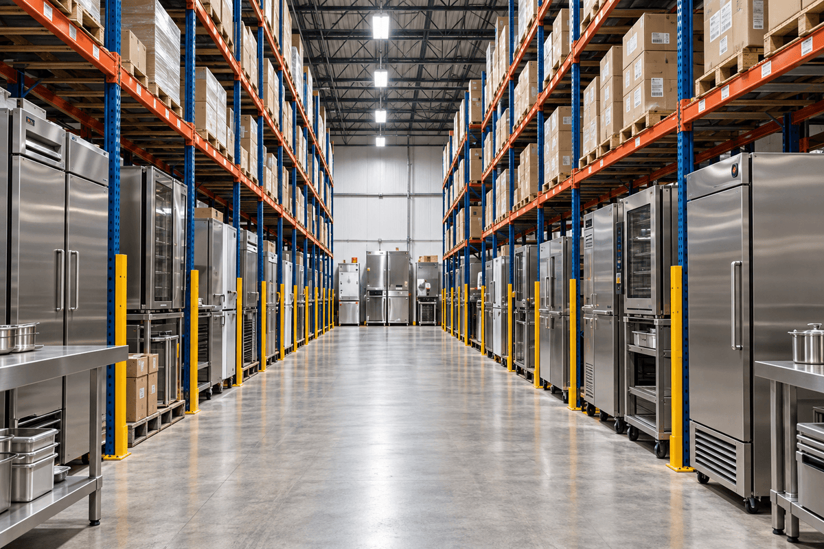 A long aisle in a large warehouse showing rows of stainless steel commercial refrigerators and freezers mounted on tall orange and blue shelving units with yellow safety posts.