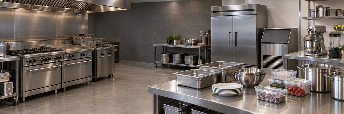 A commercial kitchen interior with stainless steel range hoods, gas stoves, prep tables, containers, and a large stainless steel refrigerator. No people or animals are visible.