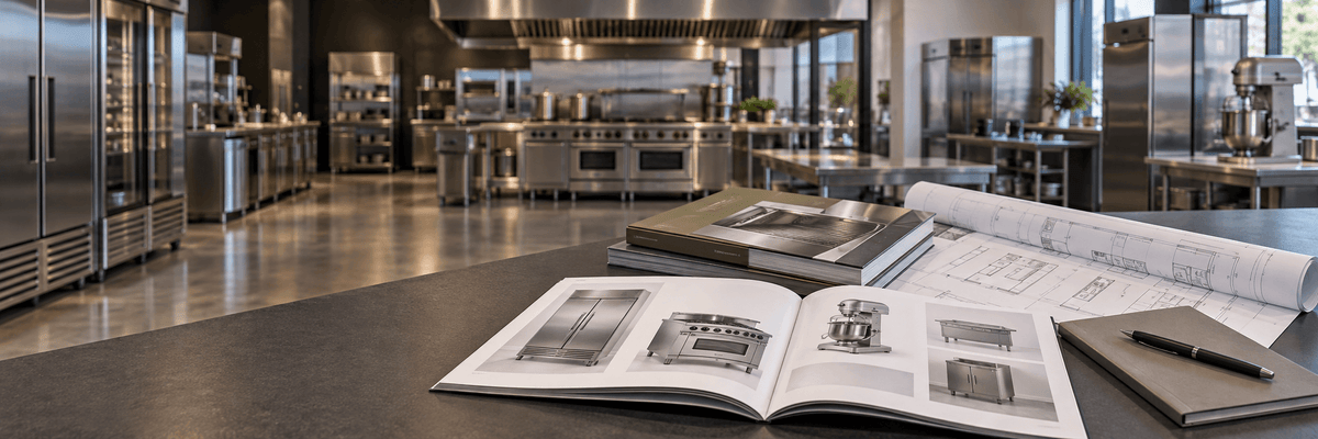 An open architectural design book and rolled blueprints rest on a dark countertop in a modern commercial kitchen. Stainless steel appliances, counters, and a large ventilation hood are visible in the blurred background.