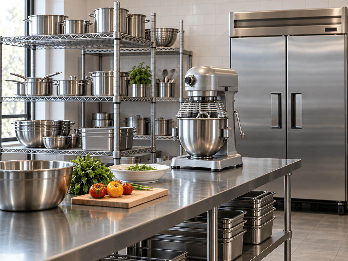 A commercial kitchen scene with a stainless steel stand mixer on a worktable, metal mixing bowls, shelving with cookware, fresh vegetables, and a large stainless steel refrigerator.