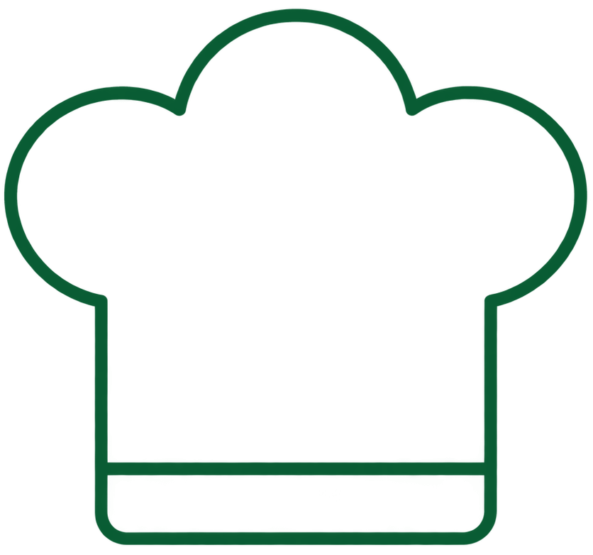 A simple dark green outline icon of a chef's hat on a plain white background.
