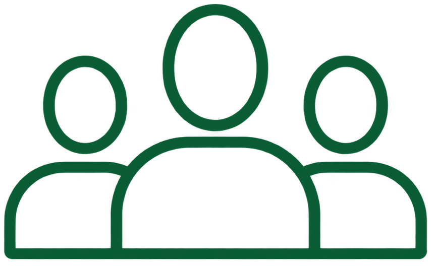 A dark green line icon depicting three stylized human figures, commonly used to represent a group or team, on a solid white background.