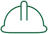 A dark green outline icon of a hard hat on a white background.
