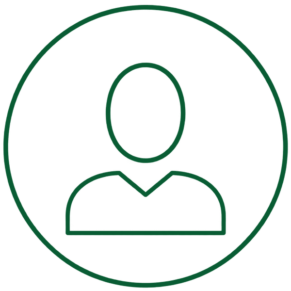 A dark green minimalist user profile icon inside a matching circular border on a solid white background.