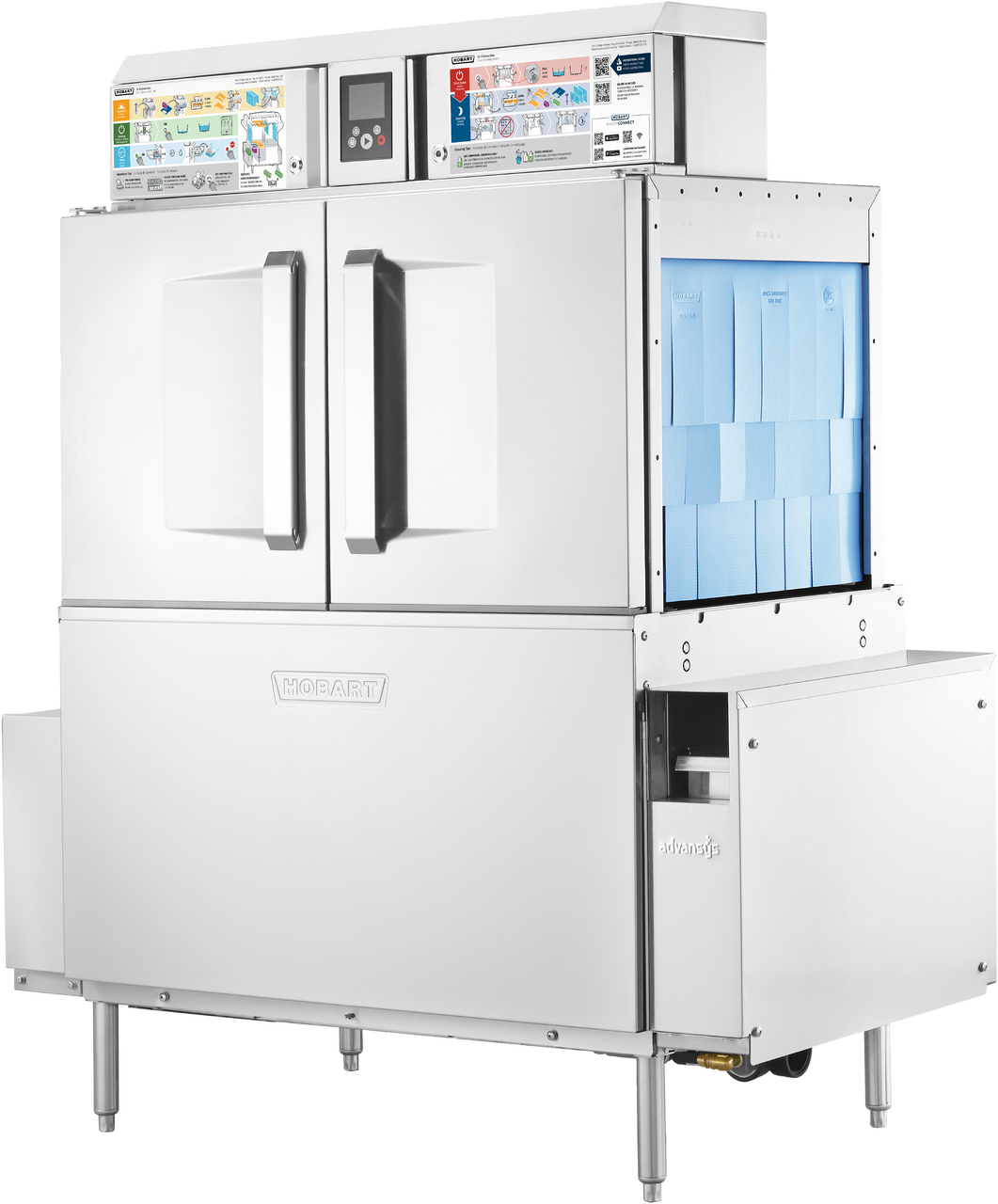 A large commercial-grade industrial dishwasher by hobart, featuring a stainless steel exterior, dual door upper section, blue water tanks on the side, and a control panel on top, isolated on a white background.