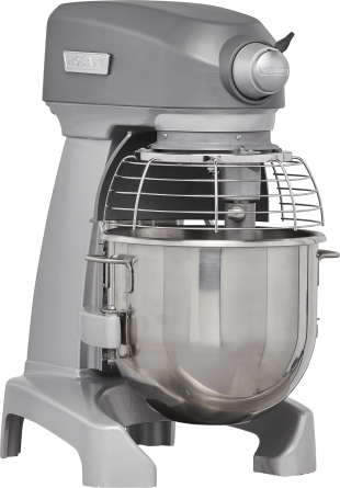 Gray stand mixer with metal bowl on a white background
