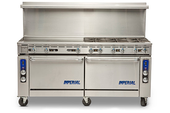 A large commercial gas range with two front ovens, a gas cooktop, and a stainless steel backsplash. The brand name 'IMPERIAL' is printed in blue on both oven doors, and the unit is mounted on caster wheels.
