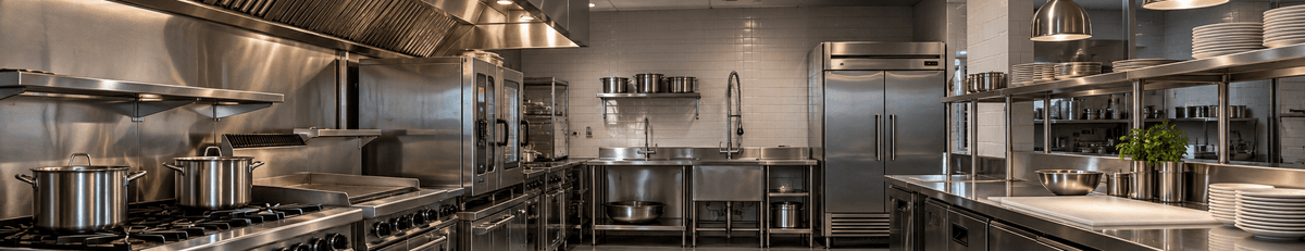 A professional commercial kitchen with stainless steel appliances, including gas ranges, ovens, a large vent hood, a side-by-side refrigerator, sinks, and prep tables under hanging pendant lights.